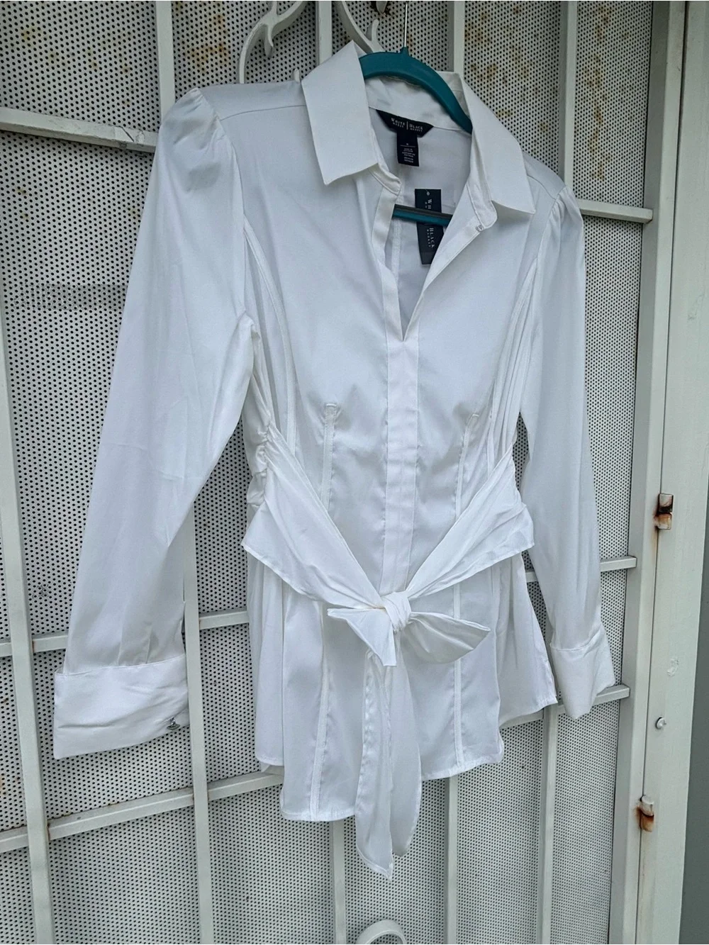 White House/Black Market 12 long sleeve pull on white blouse accent tie NWT - Picture 6 of 10